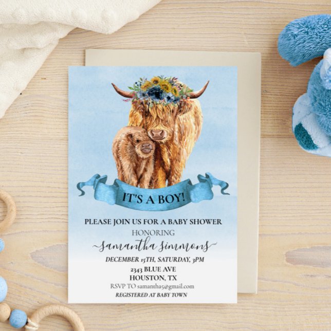  It's a Boy Blue Highland Cow Calf Baby Shower  Invitation (Creator Uploaded)