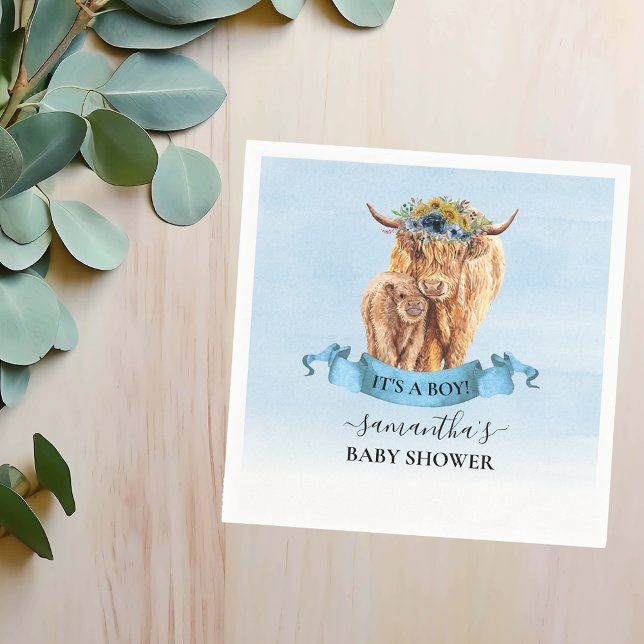  It's a Boy Blue Highland Cow Calf Baby Shower  Napkin (Creator Uploaded)