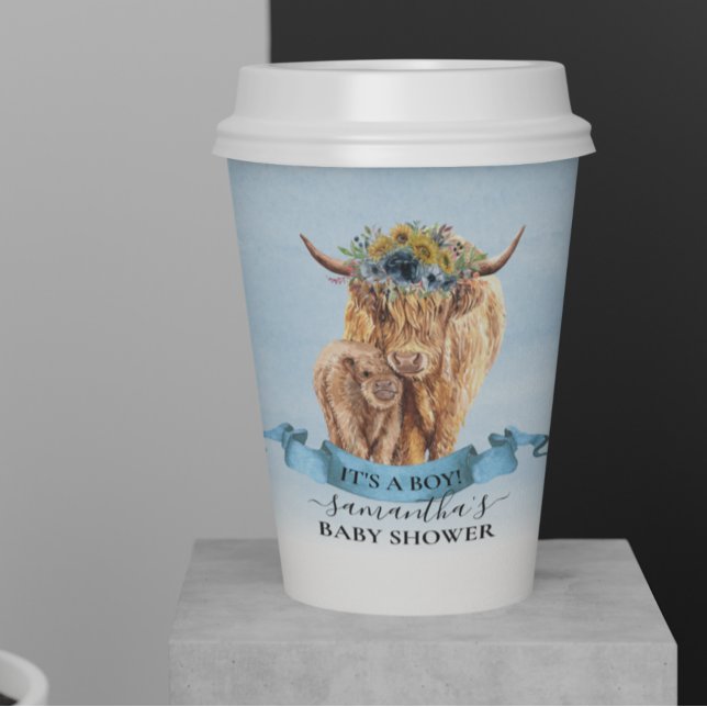  It's a Boy Blue Highland Cow Calf Baby Shower Paper Cups (Creator Uploaded)