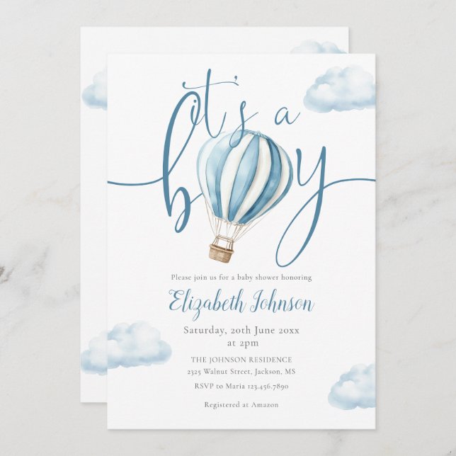 Its A Boy Blue Hot Air Balloon Baby Shower Invitation (Front/Back)