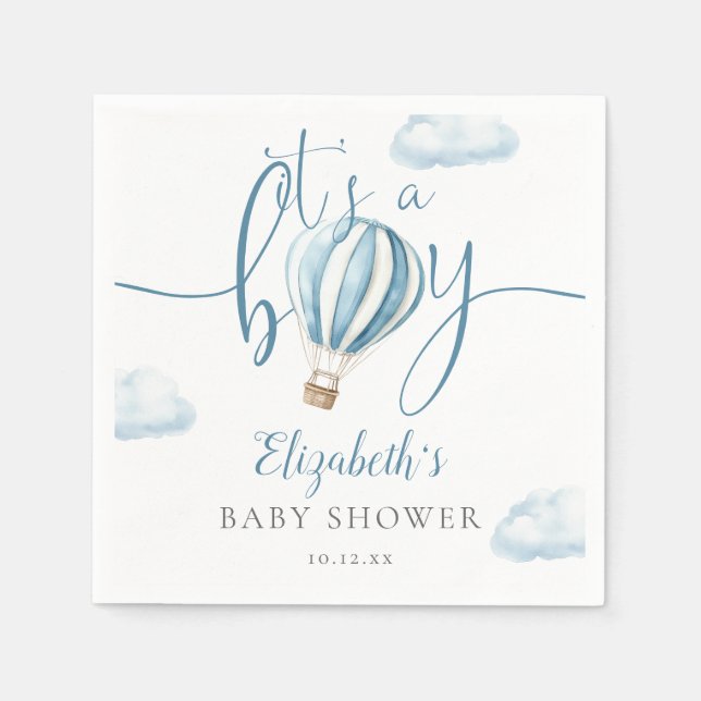 Its A Boy Blue Hot Air Balloon Baby Shower Napkin (Front)