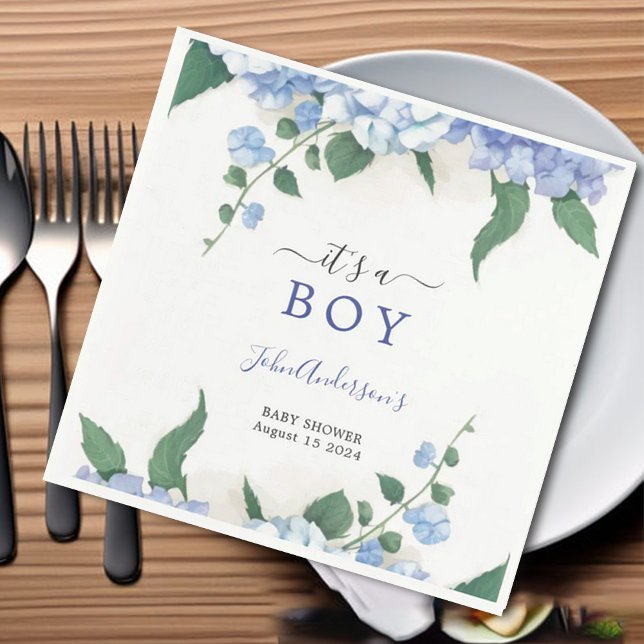  It's A Boy Blue Hydrangea Botanical Baby Shower Napkin (Creator Uploaded)