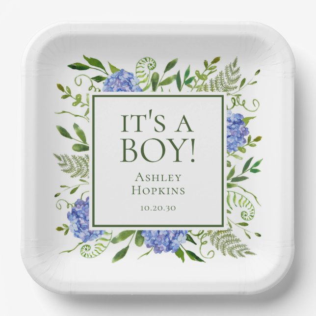 It's A Boy Blue Hydrangeas Boy Baby Shower Paper Plate (Front)