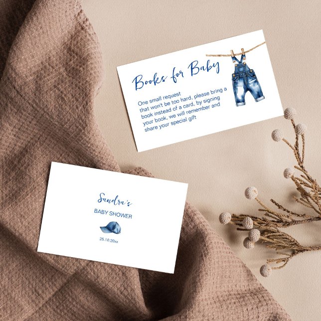 It's a boy blue jeans baby shower books for baby enclosure card (It's a boy baby blue jeans denim baby shower books for baby card minimalist watercolor books request)