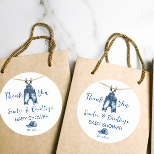 It's a boy blue jeans baby shower favour classic round sticker
