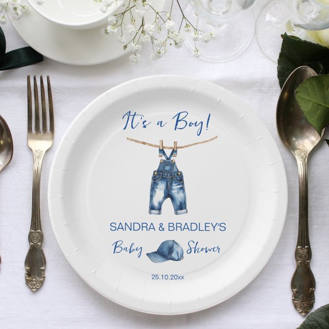 It's a boy blue jeans baby shower template paper plate (It's a boy blue jeans baby shower template paper plates personalized tableware decor cute jeans cap)