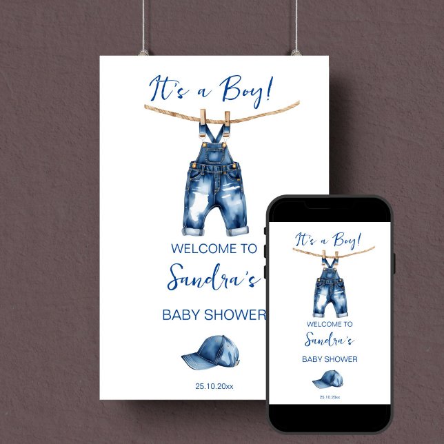 It's a boy blue jeans baby shower welcome sign (Blue jeans it's a boy baby shower minimalist welcome sign editable template poster instant download)