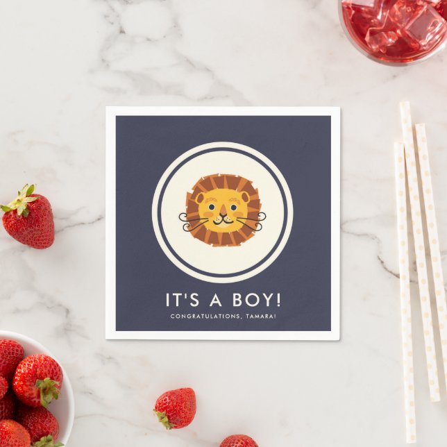 It's a Boy Blue Lion Jungle Safari Baby Shower  Napkin (Insitu)