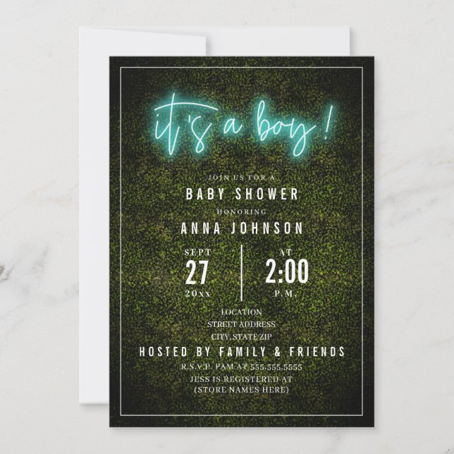 It's A Boy Blue Neon Boxwood Baby Shower Invitation (Front)