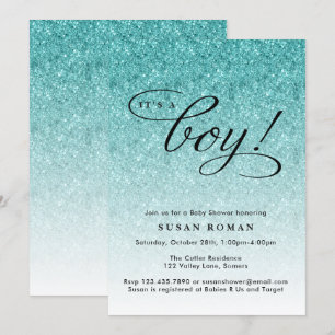 It's a Boy Blue Ombre Glitter Baby Shower Invitation