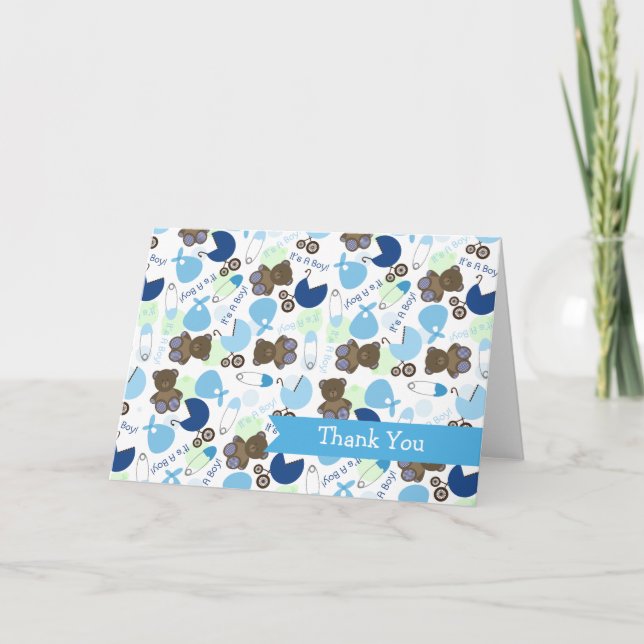 It's A Boy Blue Pattern Baby Shower Thank You Card (Front)