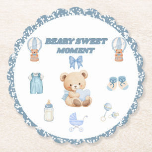 IT'S A BOY BLUE ROUND SCALLOPED BEAR BABY SHOWER PAPER COASTER