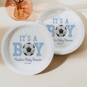 It's A Boy! Blue Soccer Baby Shower Paper Plate