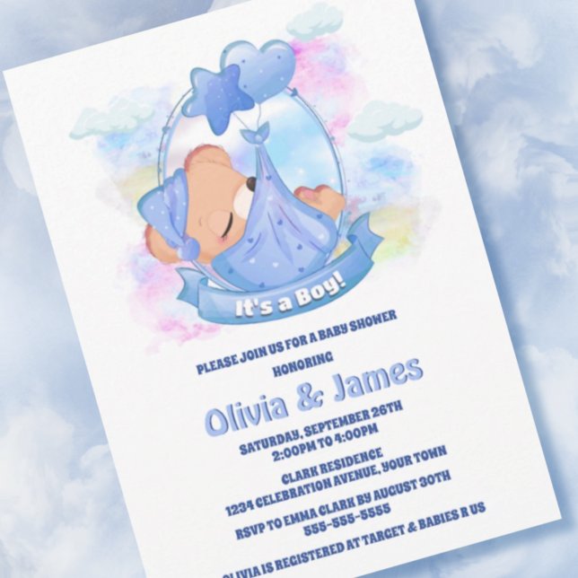It's a Boy! Blue Teddy Bear Balloons Baby Shower Invitation (Creator Uploaded)