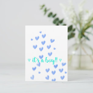 IT'S A BOY - Blue & Teel watercolour hearts design Announcement Postcard