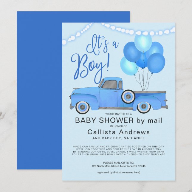 It's a Boy Blue Truck Balloons Lights Baby Shower Invitation (Front/Back)