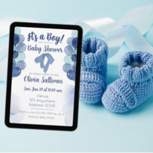It's a Boy Blue Watercolor Balloons Baby Shower Invitation