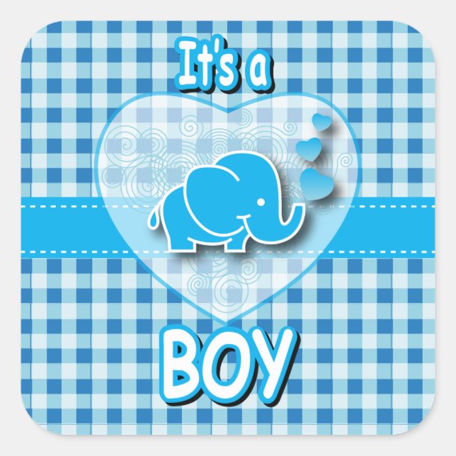 It's A Boy, Blue & White Plaid with Baby Elephant Square Sticker (Front)