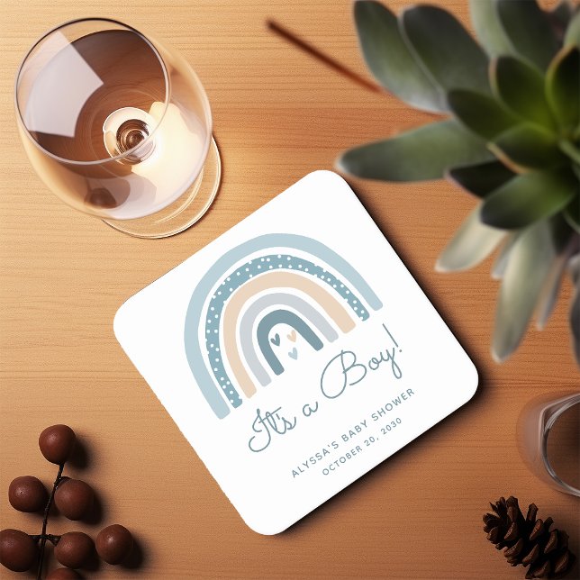 It's A Boy Boho Rainbow Baby Shower Square Paper Coaster (Creator Uploaded)