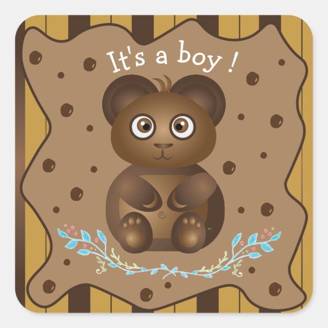 It's a boy ! Brown bear baby shower stickers (Front)