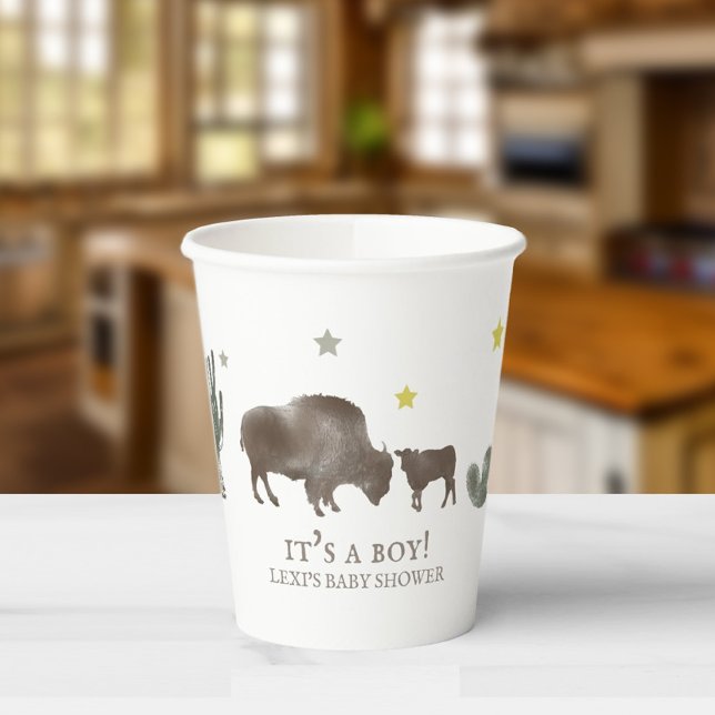 It's A Boy Buffalo Cactus Stars Desert Baby Shower Paper Cups (Creator Uploaded)