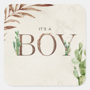 It's A Boy Cactus Leather Baby Shower Square Sticker