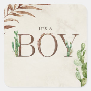 It's A Boy Cactus Leather Baby Shower Square Sticker