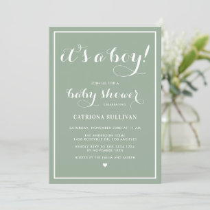 It's a Boy Calligraphy Sage Green Baby Shower Invitation