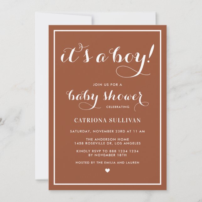 It's a Boy Calligraphy Terracotta Baby Shower Invitation (Front)