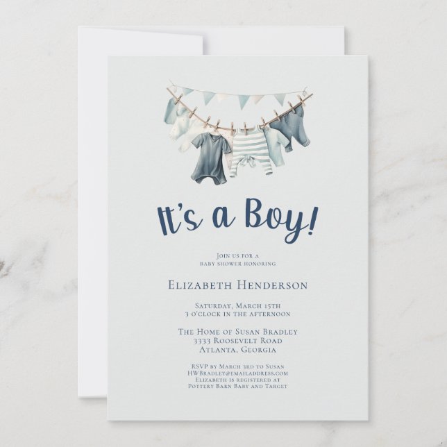 It's a Boy Clothes Clothesline Baby Shower Invitation (Front)