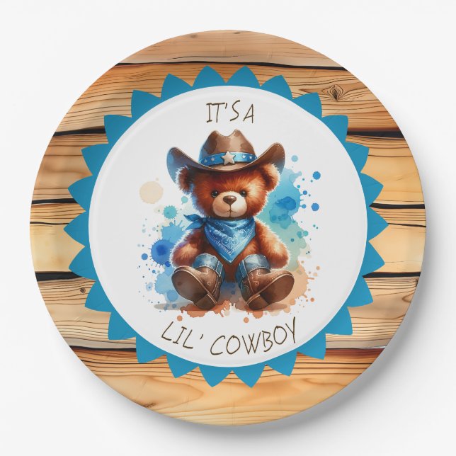 It's a Boy | Cowboy Teddy Bear Boy's Baby Shower Paper Plate (Front)