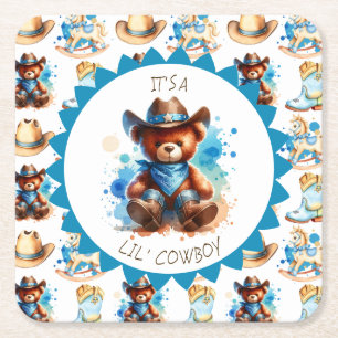 It's a Boy Cowboy Teddy Bear Boy's Baby Shower Square Paper Coaster