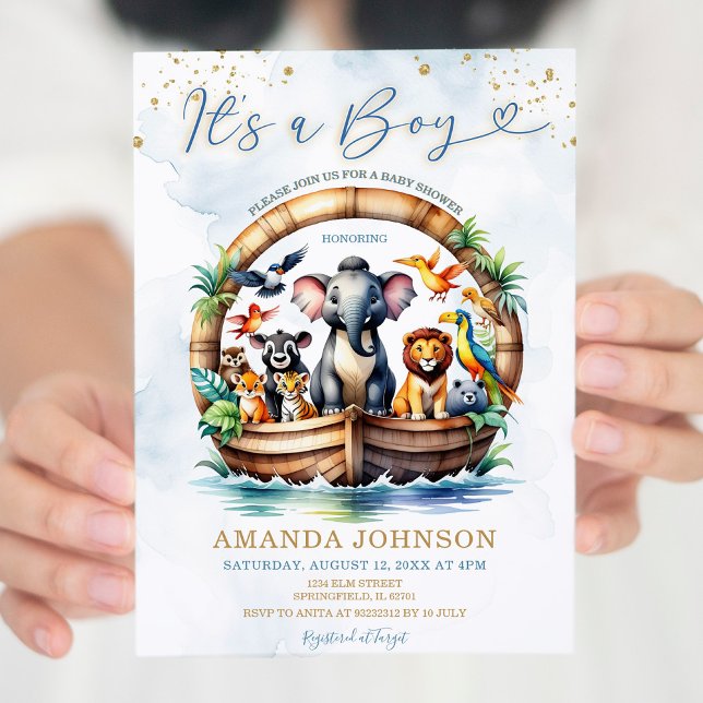 It's A Boy Cute Animal Noah's Ark Baby Shower Invitation (Creator Uploaded)