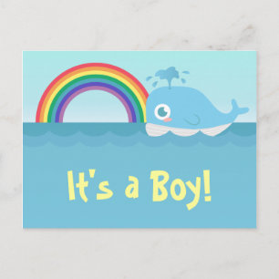 It's a Boy - Cute Baby Blue Whale with Rainbow Announcement Postcard