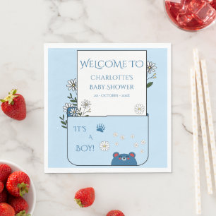 It's A Boy! Cute Bear & Daisy Flowers Baby Shower Napkin