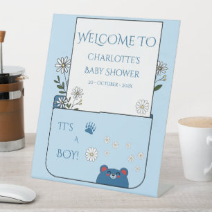 It's A Boy! Cute Bear & Daisy Flowers Baby Shower Pedestal Sign