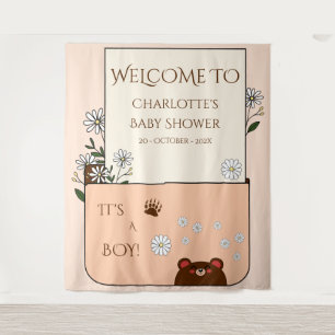 It's A Boy! Cute Bear & Daisy Flowers Baby Shower Tapestry