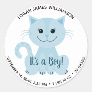 Its a Boy Cute Blue Cat Kitten Baby Birth Stats Classic Round Sticker