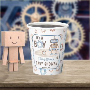 It's A Boy Cute Blue Greige Robot Baby Shower Paper Cups