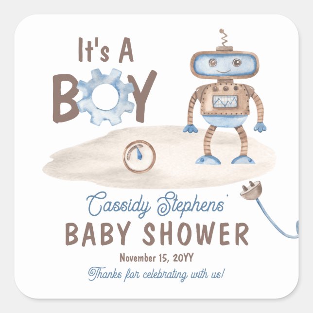 It's A Boy Cute Blue | Greige Robot Baby Shower  Square Sticker (Front)