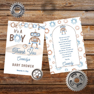 It's A Boy Cute Blue Greige Robot Baby Shower Thank You Card