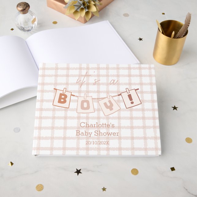 It's a Boy! Cute Brown Gingham Baby Shower Guest Book (Front Open)