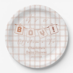 It's a Boy! Cute Brown Gingham Notedry Baby Shower Paper Plate