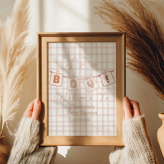 It's a Boy! Cute Brown Gingham Notedry Welcome Poster (Creator Uploaded)