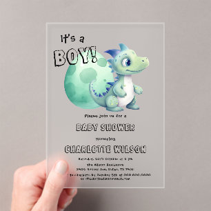 It's a Boy! Cute Dinosaur with Its Egg Baby Shower Acrylic Invitations