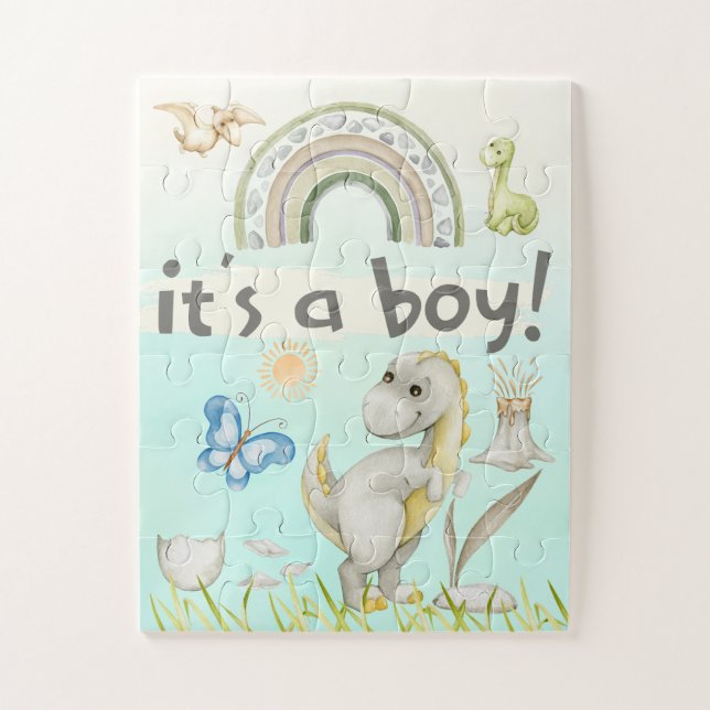 Its A Boy Cute Dinosaurs Gender Reveal Baby Shower Jigsaw Puzzle (Vertical)
