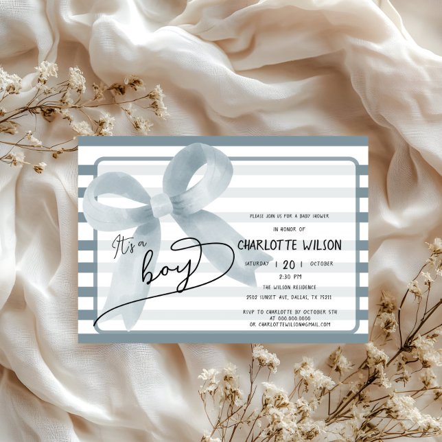 It's a Boy Cute Dusty Blue Bow Stripes Baby Shower Invitation (Creator Uploaded)