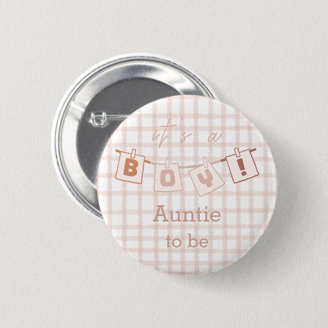 It's a Boy! Cute Gingham Notedry Auntie-to-be 6 Cm Round Badge (Front & Back)