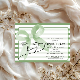 It's a Boy Cute Green Bow Stripes Baby Shower Invitation