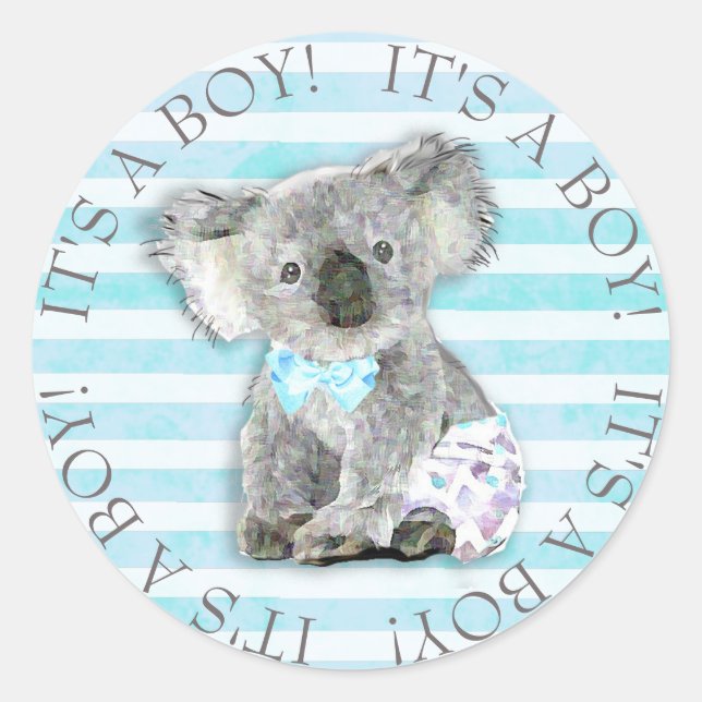 It's a Boy Cute Koala Bear Blue Baby Shower Classic Round Sticker (Front)